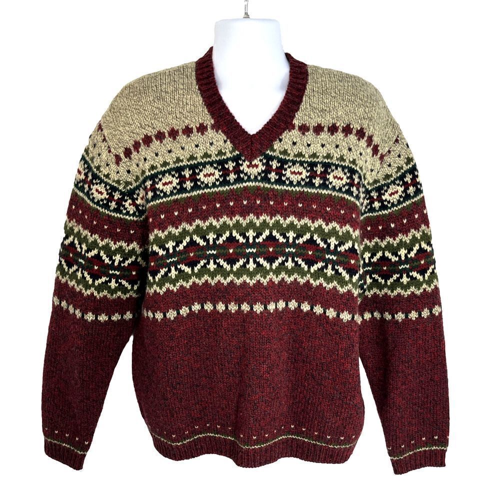 Vtg Abercrombie &‎ Fitch Nordic Fair Isle Sweater Mens Size XL V Neck Wool
